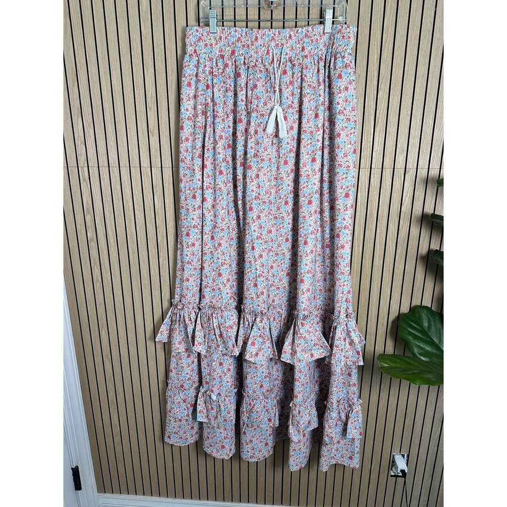 245 By Egreis Maxi Skirt Blue Red Ditsy Print Ruffle Tiered (XL, Floral, NWT)